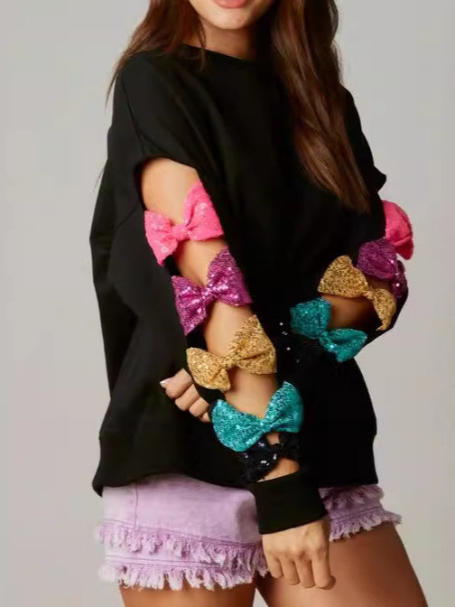 Bow Sequin Sweatshirt Long Mid Weight Black White N5Z802