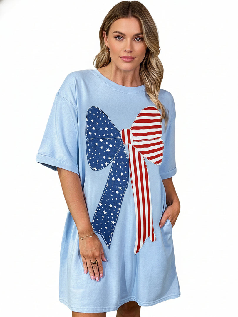 Blue Bow Print Loose Fit Short Dress Women N6C338