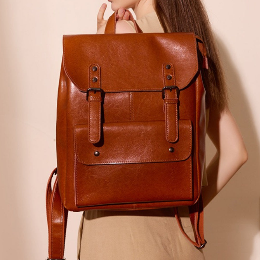 Genuine Leather Backpack Women 14" Vintage School N6F160