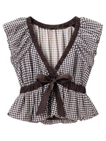 Load image into Gallery viewer, Gingham Balloon Sleeve Bow Tie Blouse Women N6C276