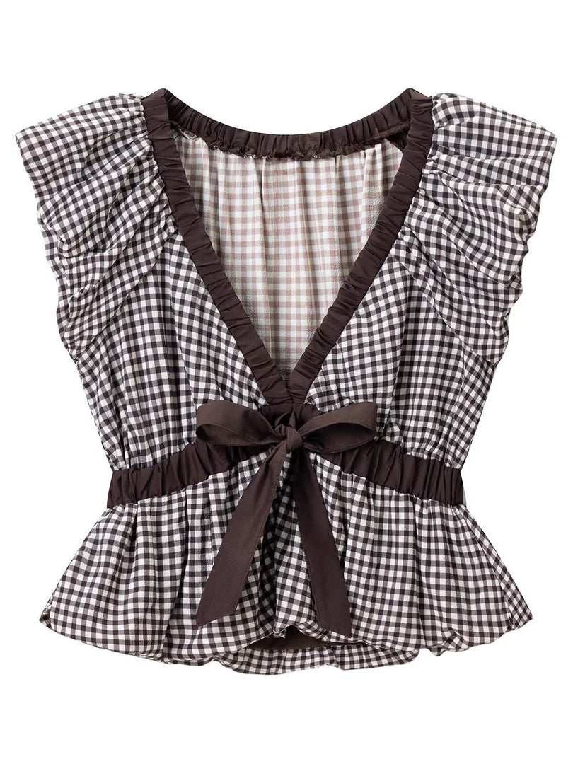 Gingham Balloon Sleeve Bow Tie Blouse Women N6C276
