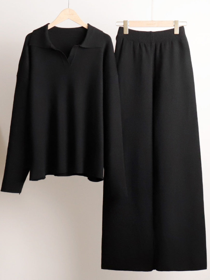 Knit Set Polo Neck Pullover Wide Leg Pants Two-Piece N6G137