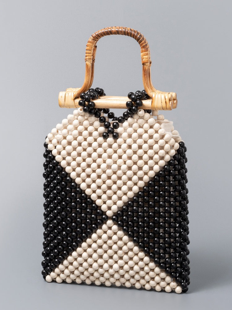 Color Block Wooden Bead Handwoven Tote Bag N6C308