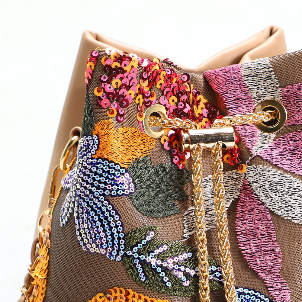 Floral Embroidered Sequin Mesh Bucket Bag Women N6E010