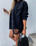 Load image into Gallery viewer, Distressed Mid Length Denim Jacket Women N5A115
