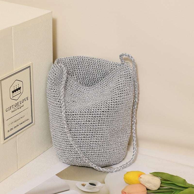 Woven Straw Look Crossbody Bucket Bag Beach N6E054