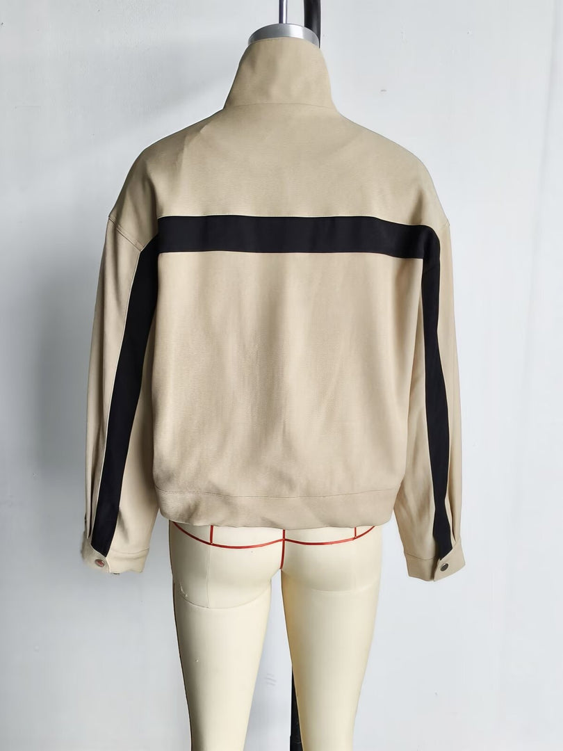 Loose Colorblock Stand Collar Zip Jacket Women Khaki N6H126