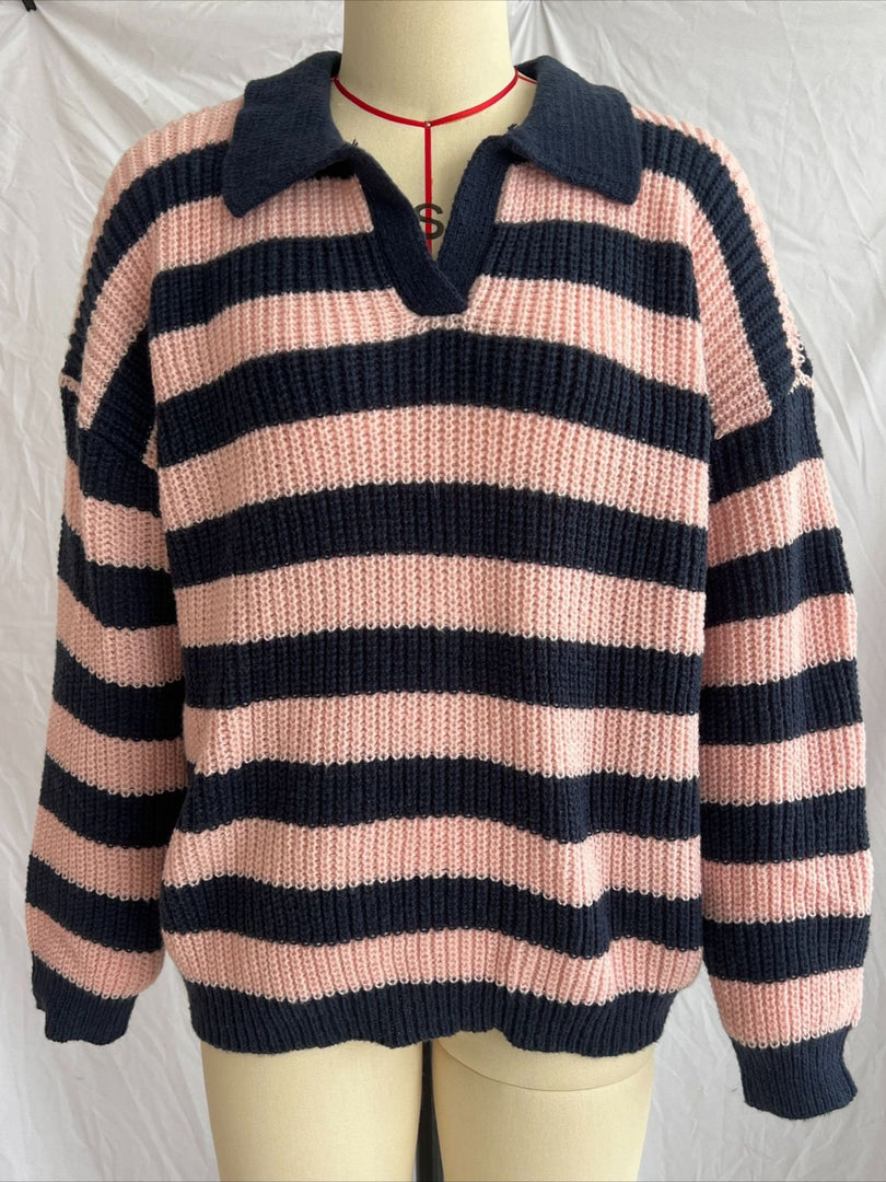 Color Block Striped Polo Collar Knit Pullover V-Neck N6G140