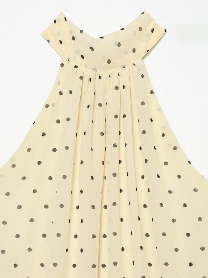 Yellow Polka Dot Chiffon Halter Dress Backless N6F198