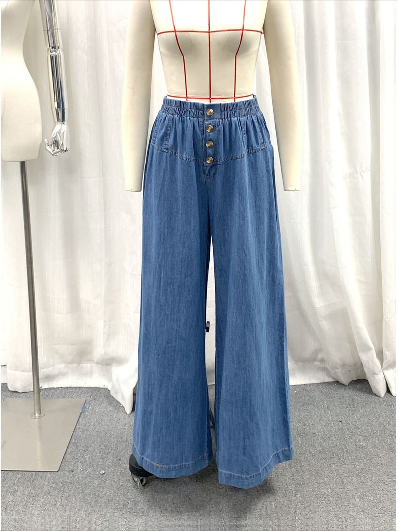 Vintage Draped Wide Leg Denim Pants Women N6B134