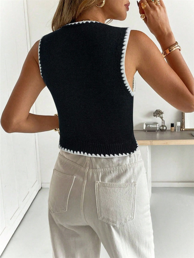 Color Block Lace Trim Knit Vest Cardigan Women N6C320