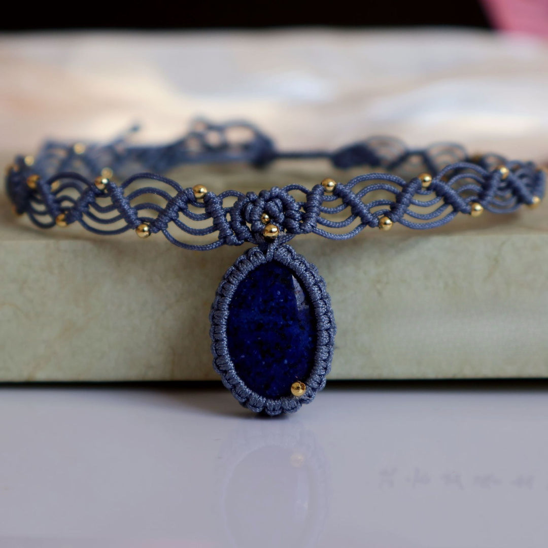 Lapis Braided Pendant Necklace Bohemian Stone S5P191