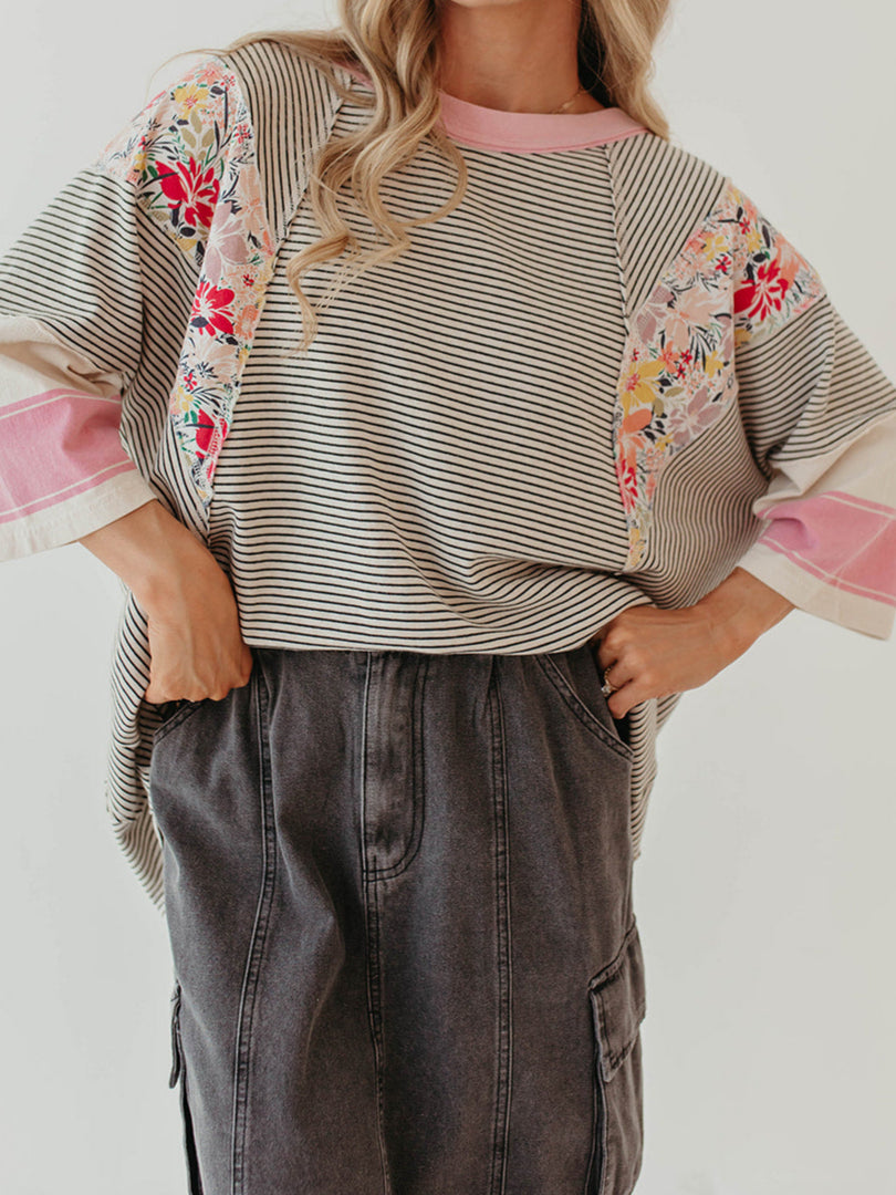 Color Block Print Cropped Sleeve Sweatshirt Women N5A259