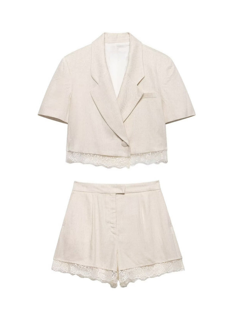 Solid Lace Short Blazer Set Women Casual N6F186