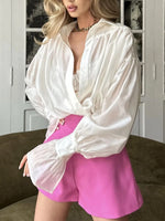 Load image into Gallery viewer, French Satin Flounce Sleeve Lightweight Blouse Women N6D037