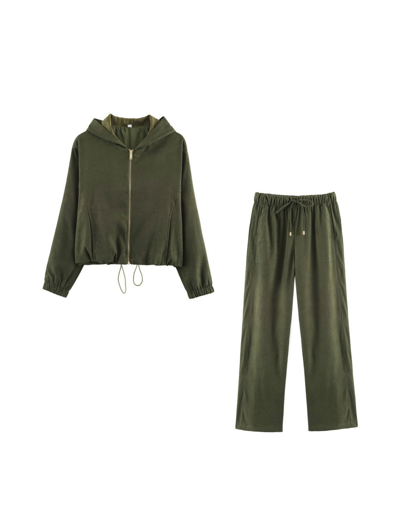 Drawstring Hooded Zip Jacket & Jogger Pants Set Women N6H128