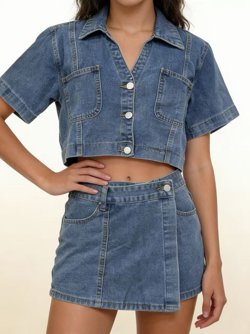 Denim Shirt and Shorts Set Women Relaxed Fit N6D168