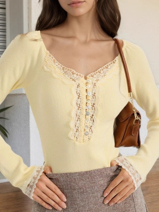 Lace Trim Button-Front Knit Top Women N6D172