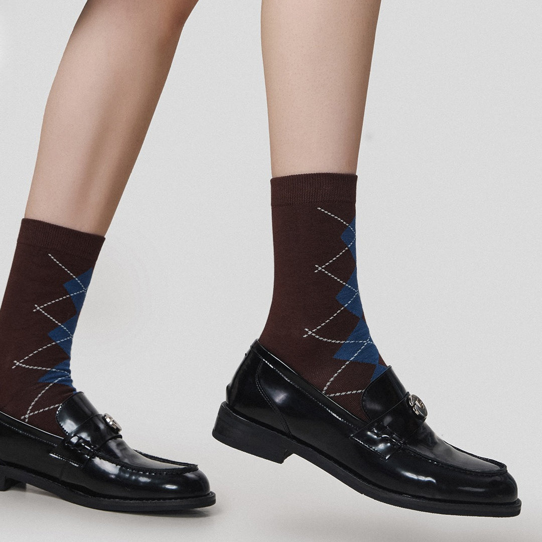 Color Block Seamless Diamond Retro Mid-Calf Socks White N6H019