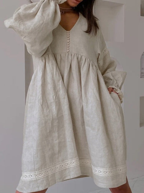 French V neck Lantern Sleeve Linen Blend Dress Women N6C208
