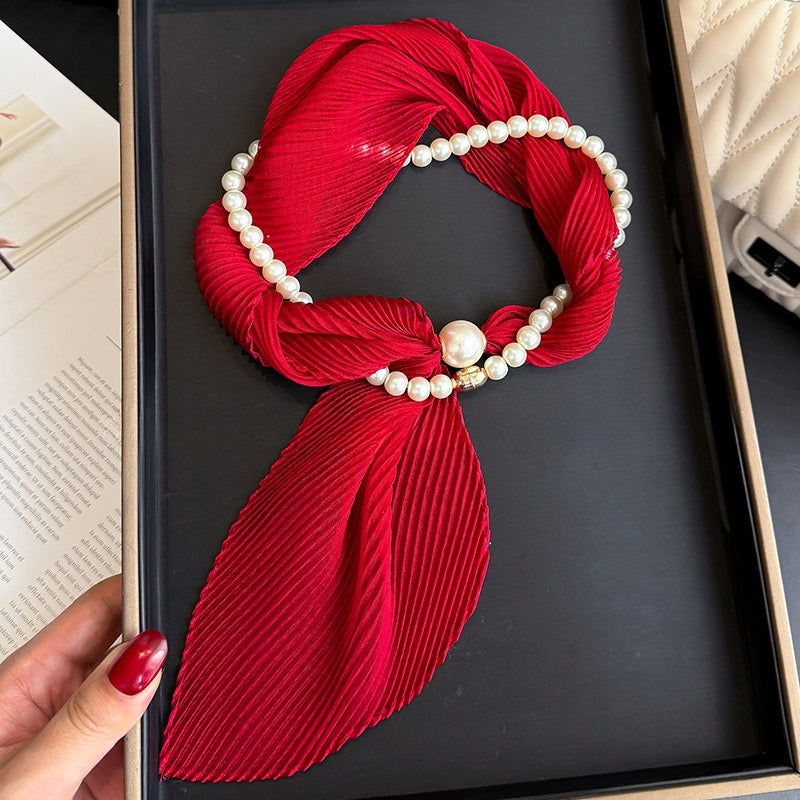 Womens Ivory Crinkled Pearl Magnetic Clasp Scarf N6K267