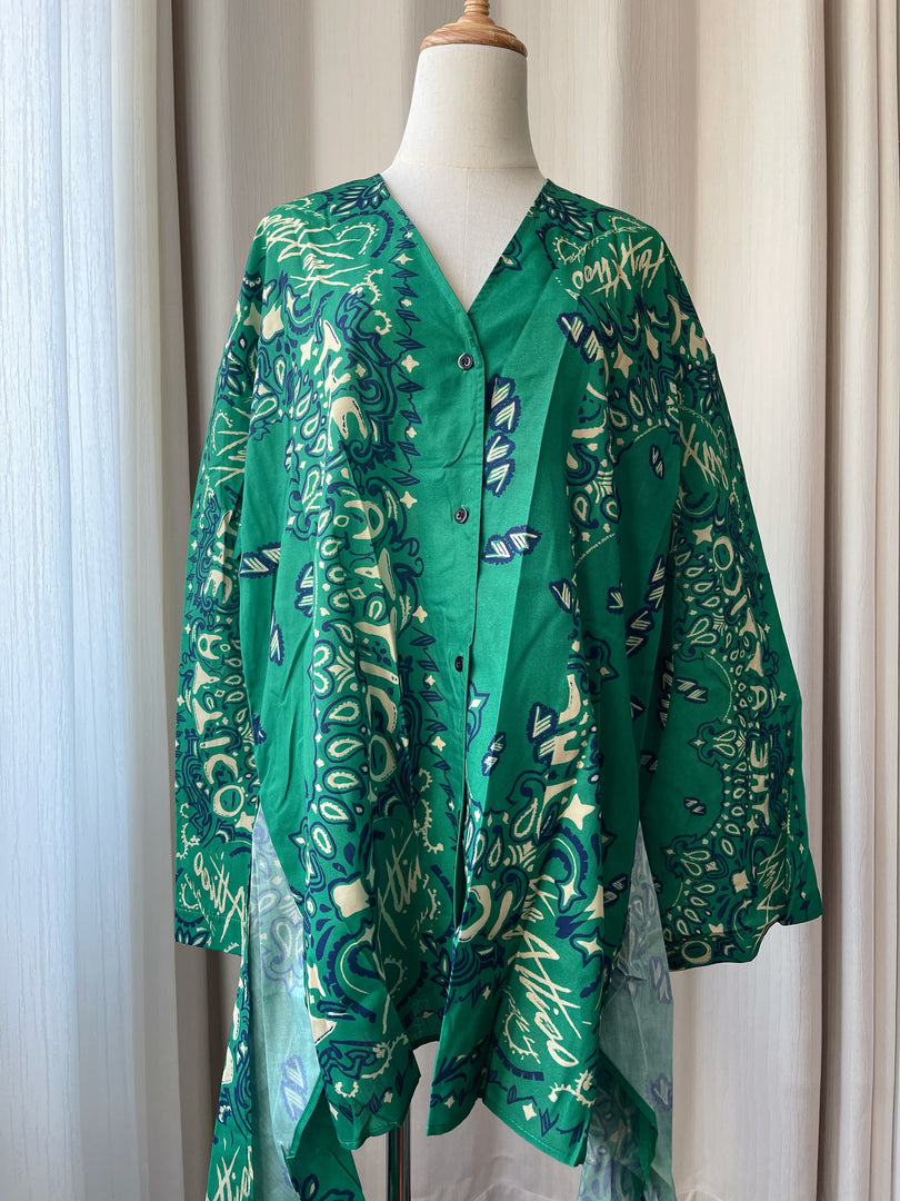 Green Paisley V-Neck Bell Sleeve Dress N6F258
