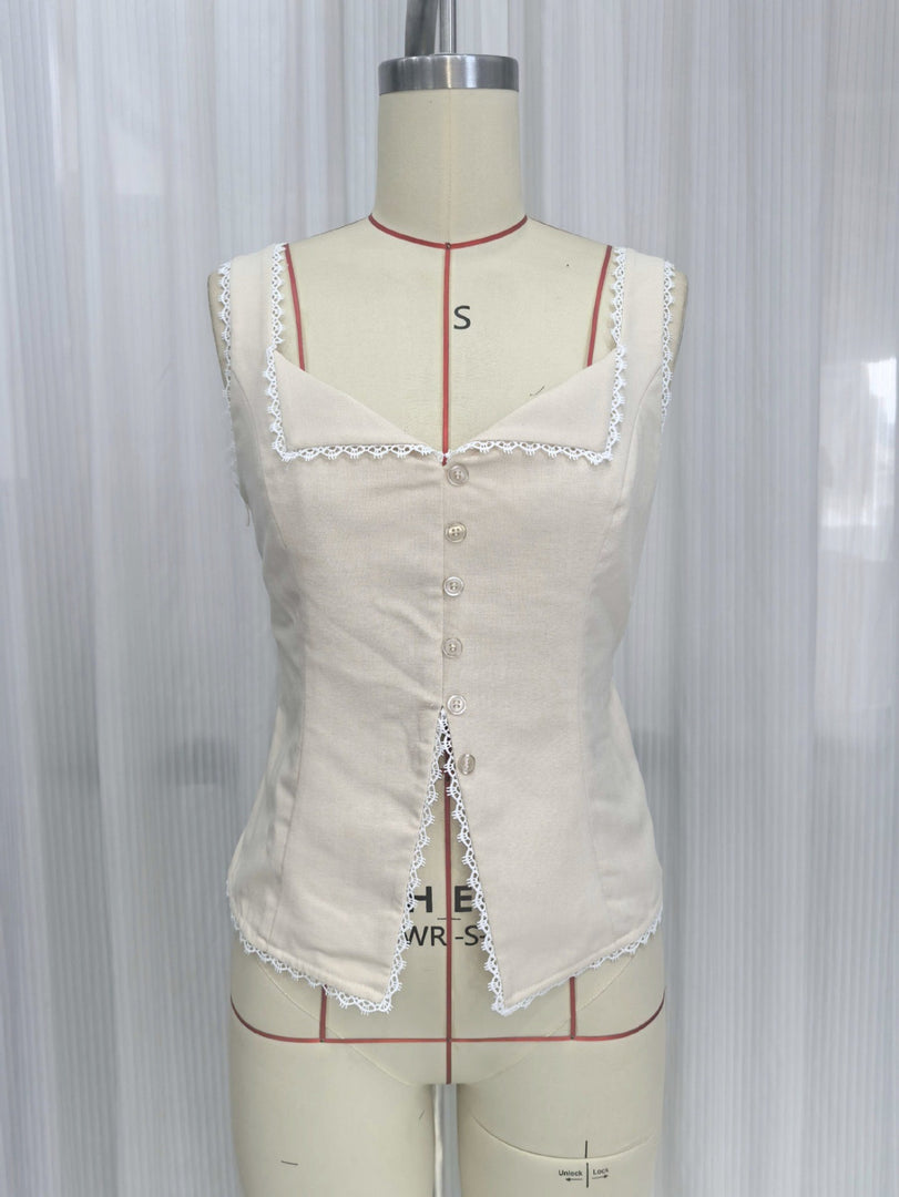 French Lace Trim Button Front Sleeveless Tank N6F018