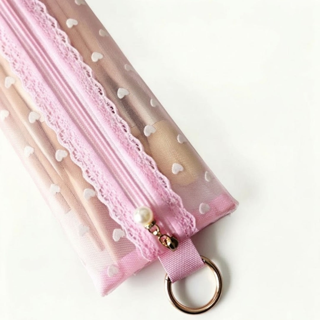Heart Flocked Nylon Mesh Pencil Pouch N6J263