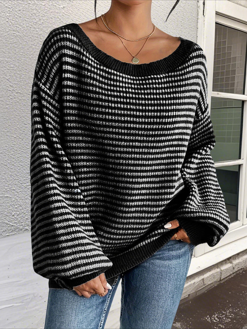 Off-Shoulder Striped Knit Pullover Women Loose Fit N6G299