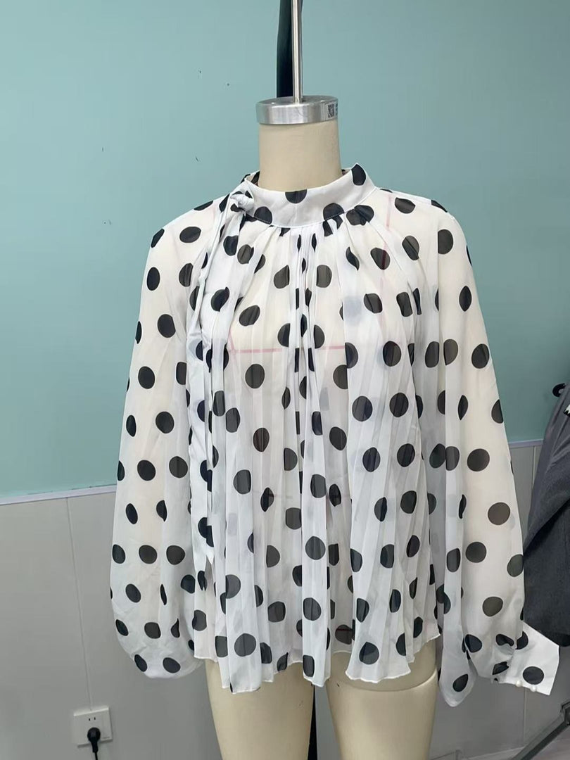 Polka Dot Tie Neck Semi-Sheer Blouse Women N6D212