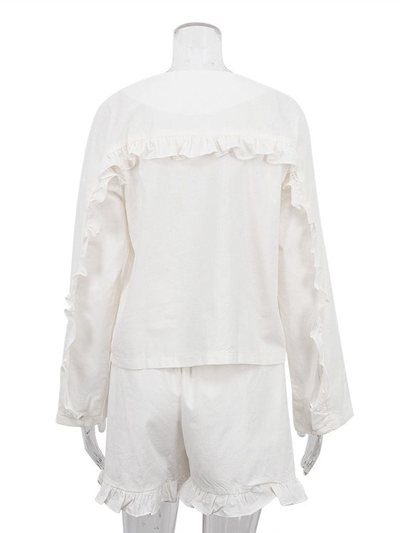 Long Sleeve Ruffle Sleeve Shirt High Waist Shorts Set N6D108