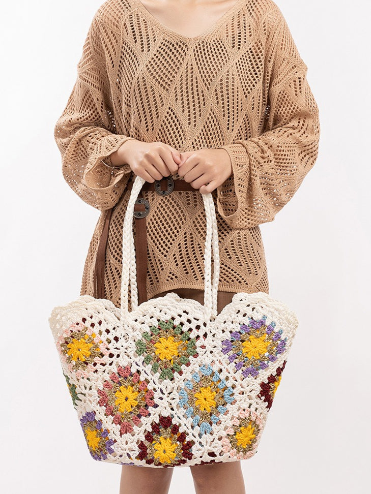 Hand Crochet Color Block Mesh Tote Beach Bag Women N6C302