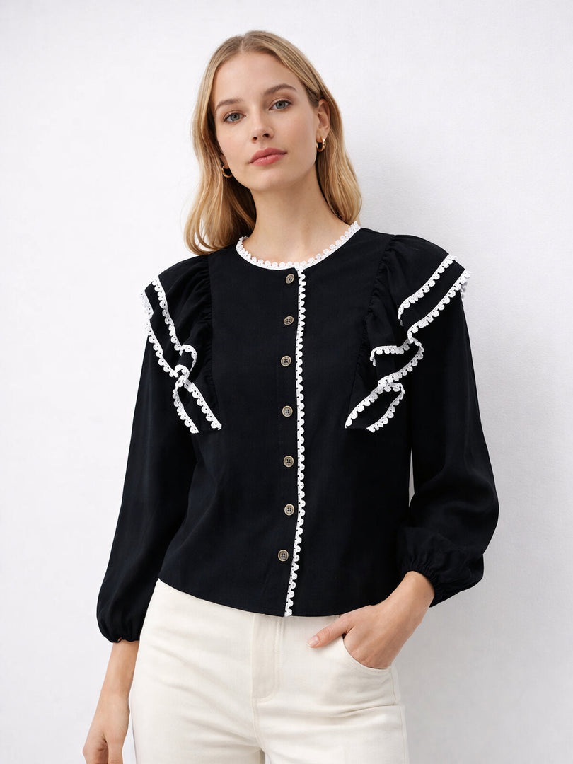 Black Puff Sleeve Lace Trim Blouse Women N6C261
