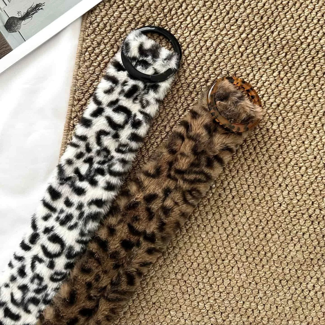 Women's Faux Fur Leopard Print Waist Belt N6J105