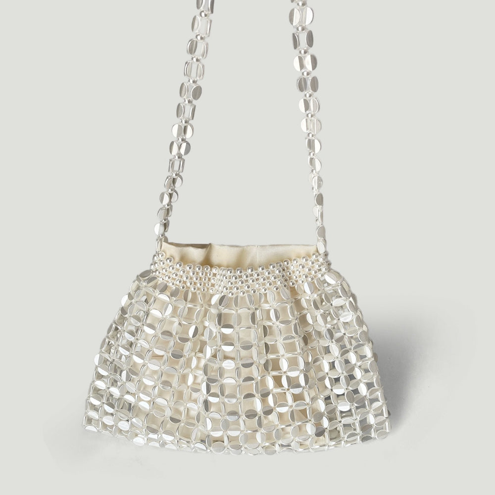 Handwoven Silver Gold Bead Large Hobo Shoulder Bag N6E021