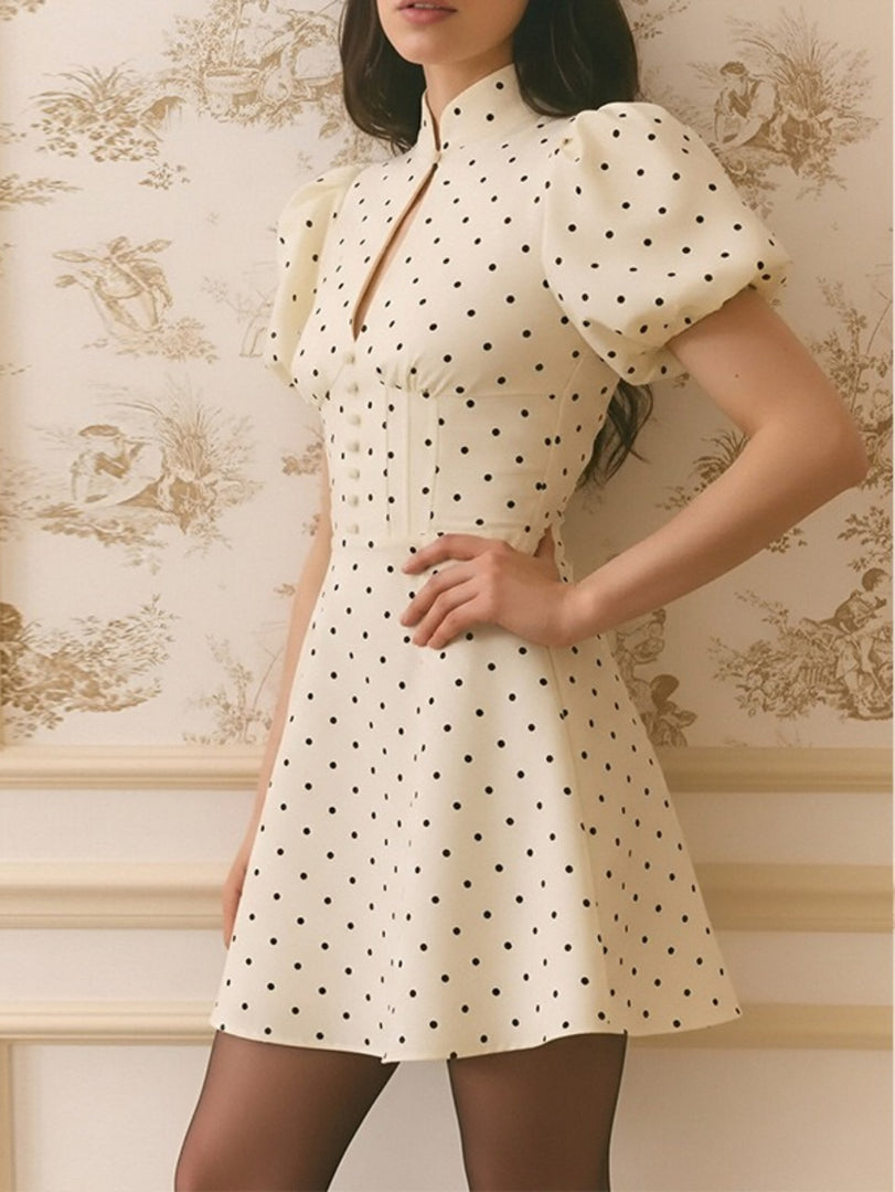 Elegant Polka Dot Puff Sleeve A-Line Dress Women N6E148
