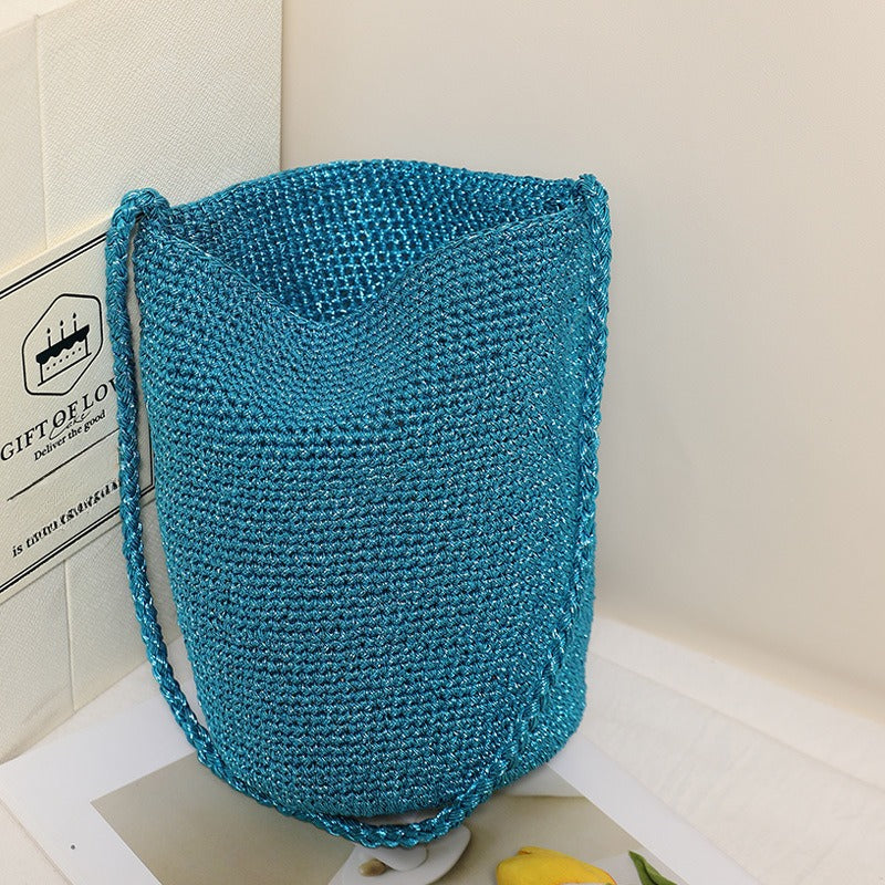 Woven Straw Look Crossbody Bucket Bag Beach N6E054