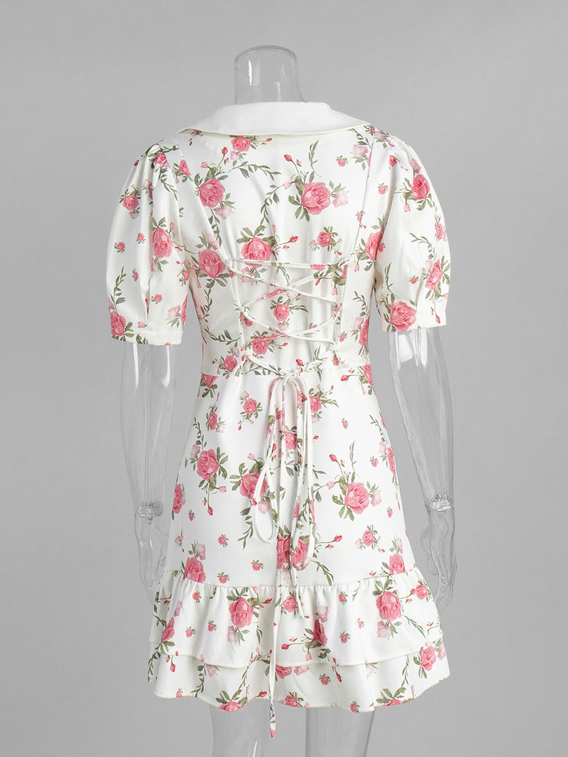 French V-neck Puff Sleeve Print Dress Women N6D072