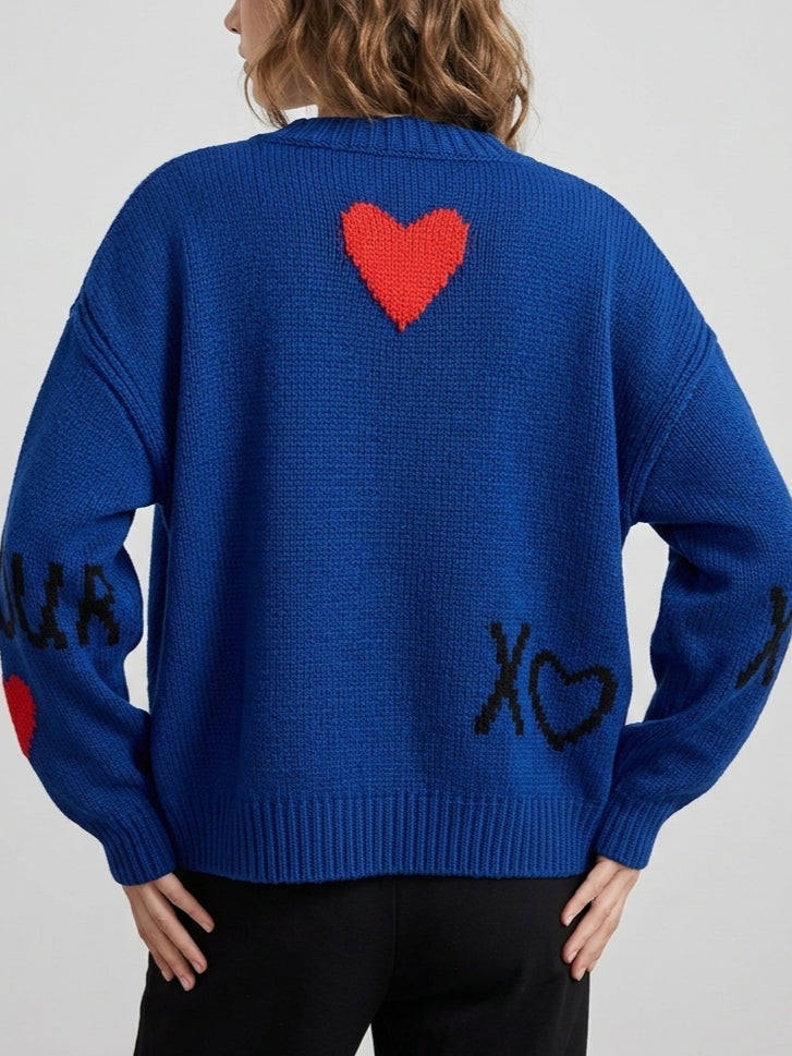 Heart Print Long Sleeve Round Neck Loose Knit Sweater N6H302