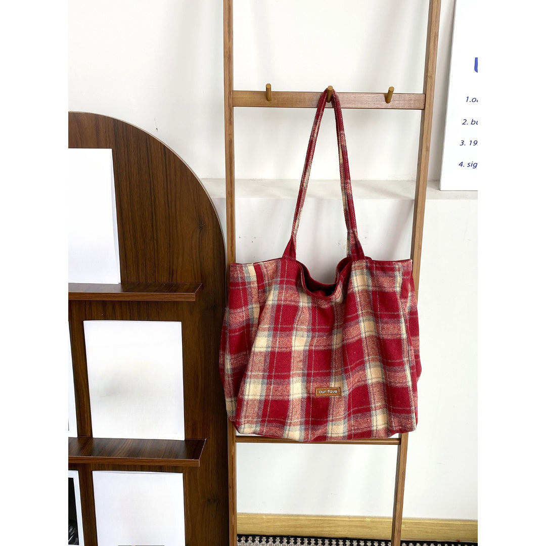 Women's Plaid Wool Tote Shoulder Bag N6J183