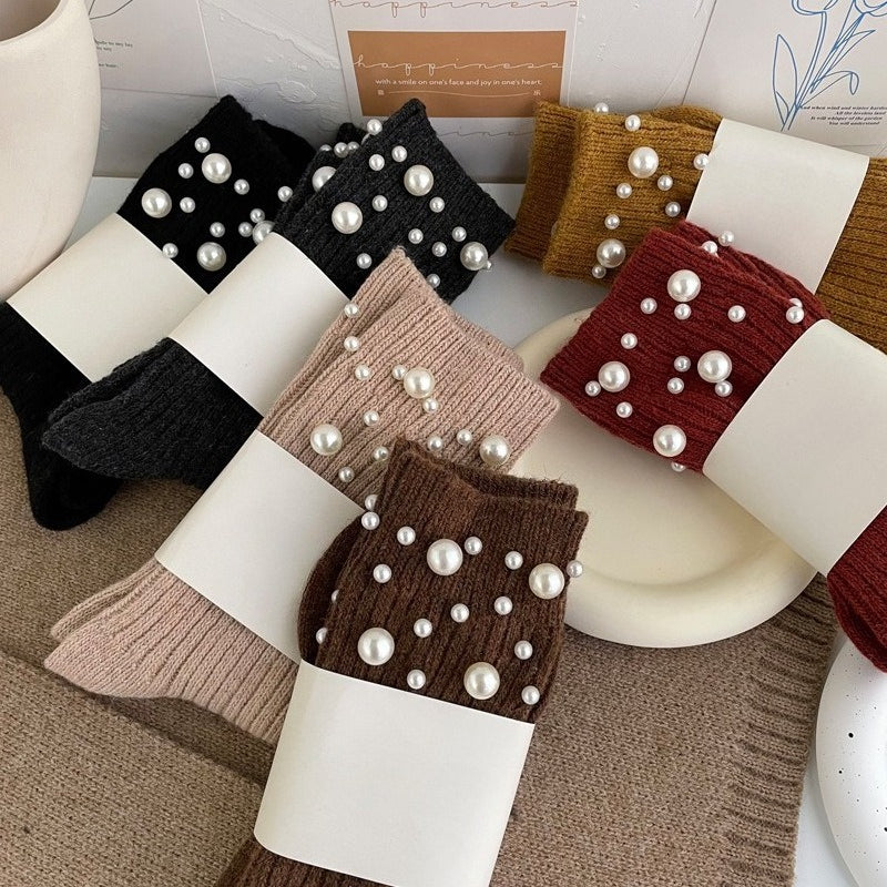 Pearl Rivet Beaded Rabbit Wool Blend Stack Socks N6H036