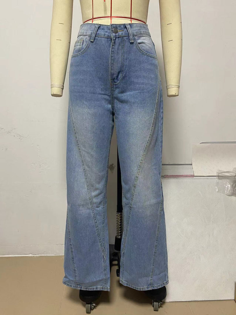 Patchwork Wide Leg Flare Jeans Women Blue N6D155