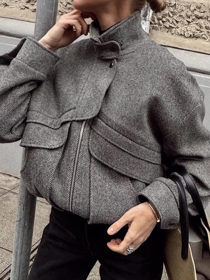 Herringbone Stand Collar Jacket Women N5A353