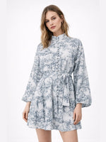 Load image into Gallery viewer, Ink Print Puff Sleeve Stand Collar A-line Dress Women N6C190
