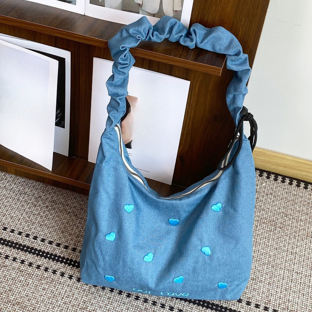 Women's Embroidered Denim Ruched Drawstring Tote Bag N6J191