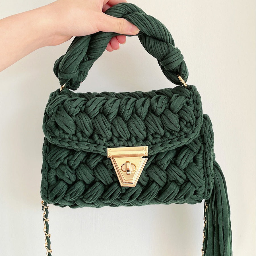 Handwoven Crochet Solid Shoulder Bag Tassel Purse N6F095