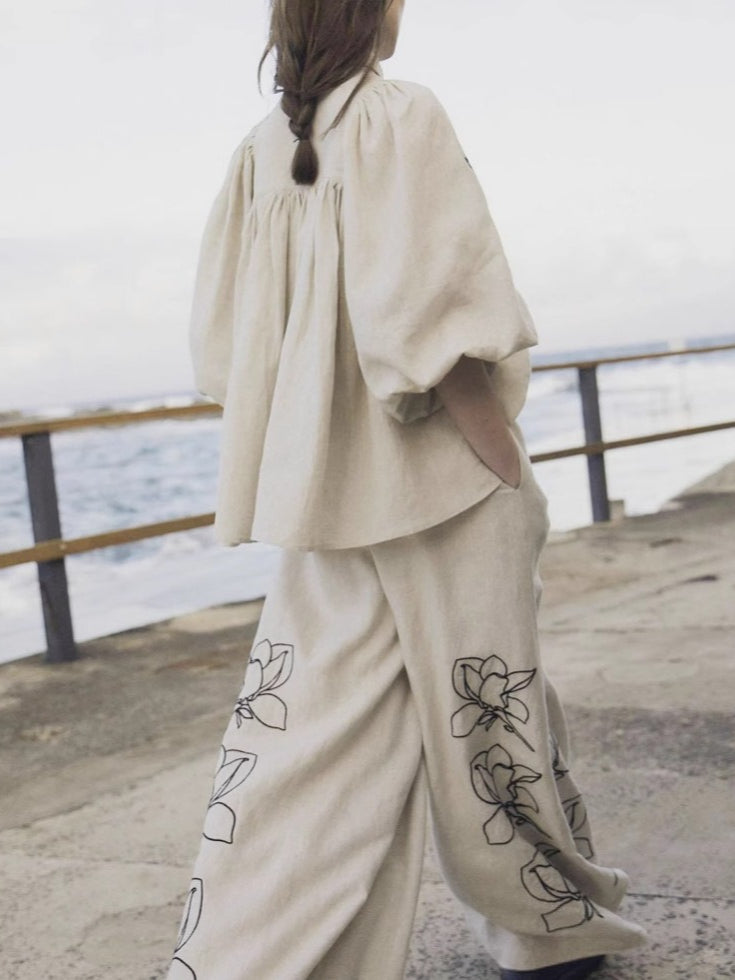 Embroidered Linen Wide Leg Pants Suit Women N6F188