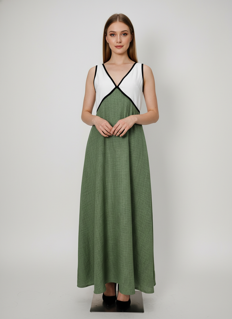 Elegant Contrast V-Neck Backless Green Maxi Dress N6A088