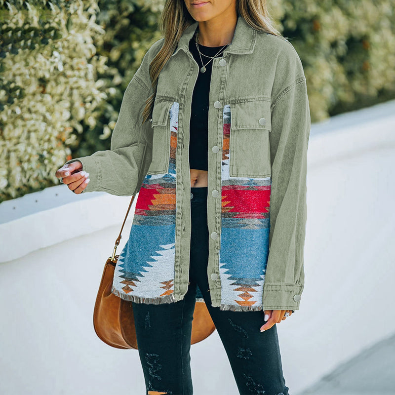 Denim Wool Blend Jacket Women Vintage Distressed Hem N5A114