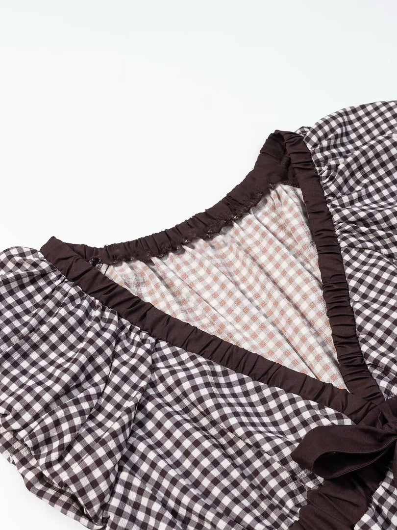 Gingham Balloon Sleeve Bow Tie Blouse Women N6C276